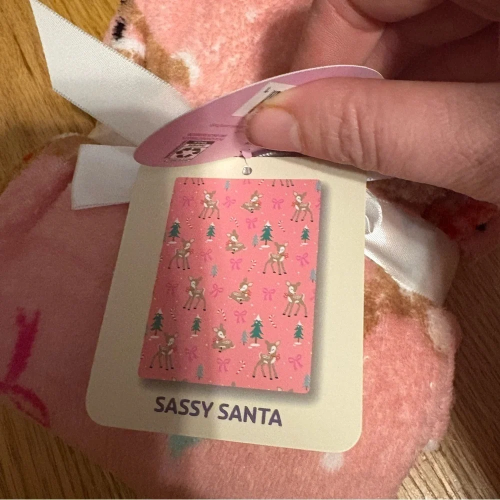 Sassy Santa Pink Baby Blanket NEW Christmas Reindeer Candy Cane Tree Bow Pink